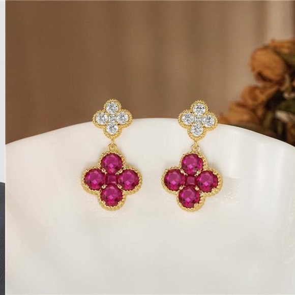 14K Gold Plated Ruby July Birthstone Earrings • Four-Leaf Clover Studs - Picture 3 of 3